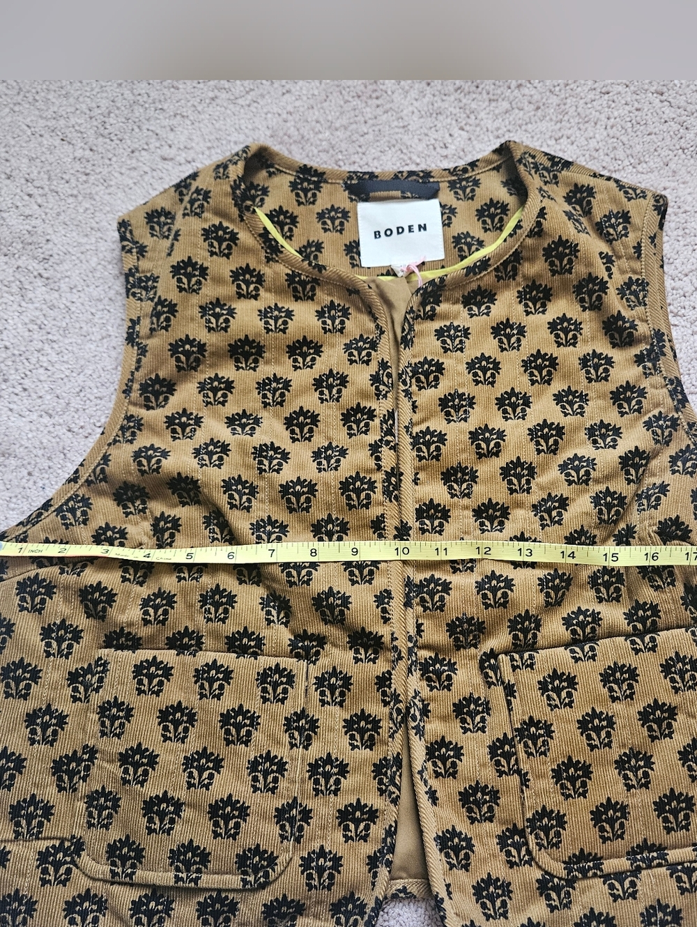 Boden Women's Cord Vest Golden Olive Lily floral NWT Pockets U0178-GRN Boho US10 - Picture 2 of 11